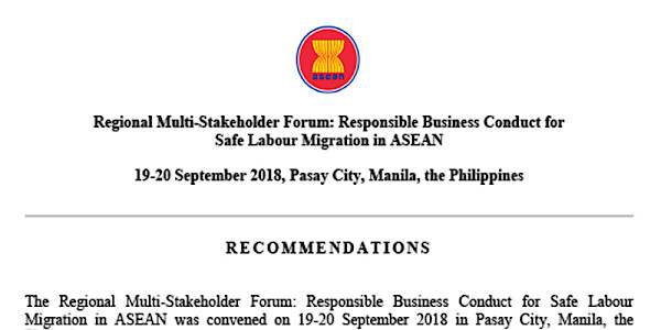 Recommendations of the Regional Multi-stakeholder Forum: Responsible Business Conduct for Safe Labour Migration in ASEAN