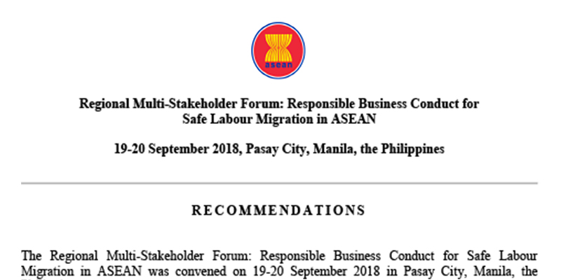 Recommendations of the Regional Multi-stakeholder Forum: Responsible Business Conduct for Safe Labour Migration in ASEAN